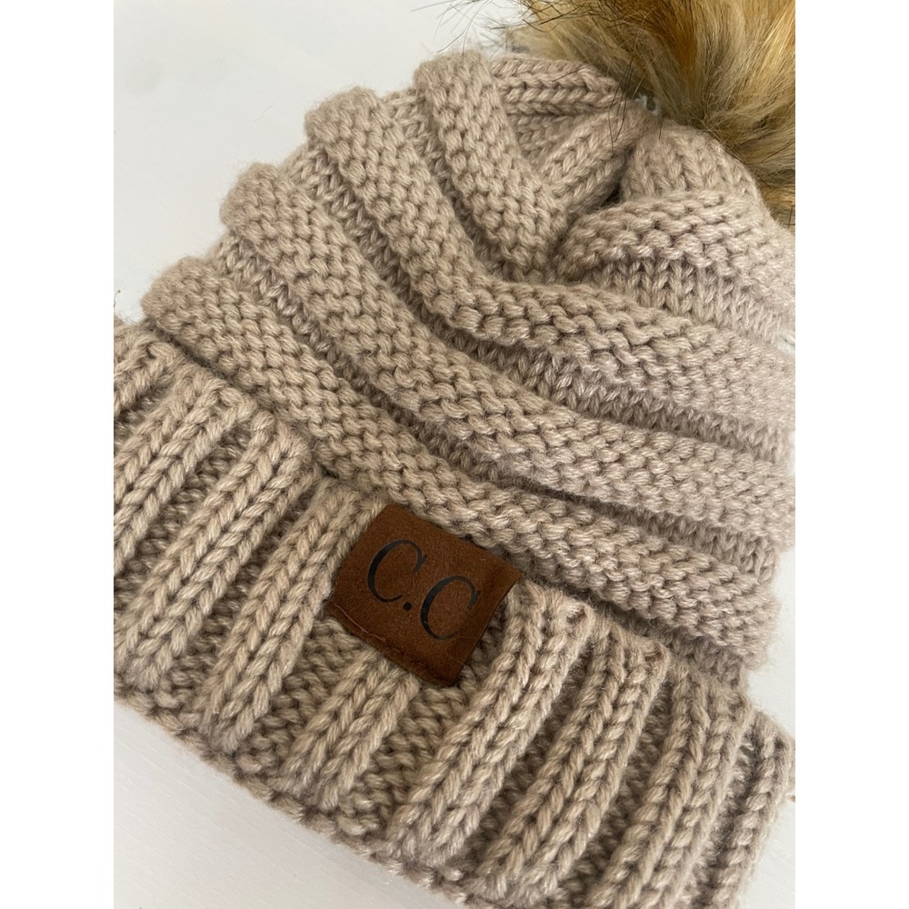 C.C Beanie Knit Hat Kids One Size Tan Excellent Faux Fur Pom Pom Cable Knit